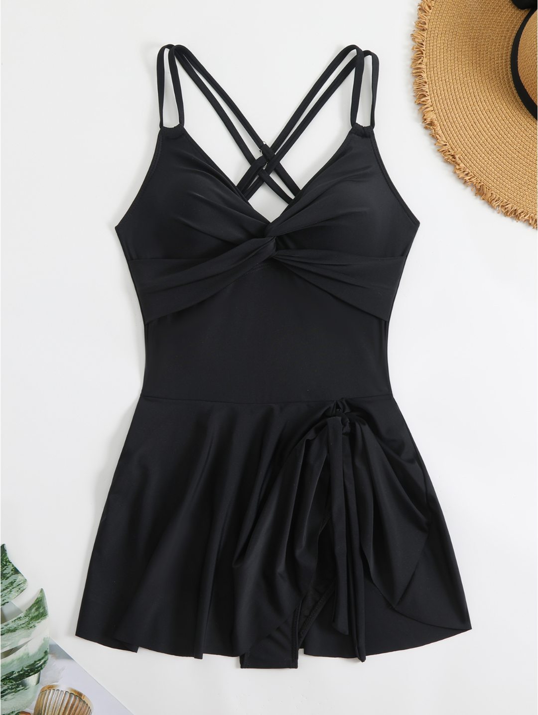 Black Twist Front Cross-Back Swimdress One-Piece