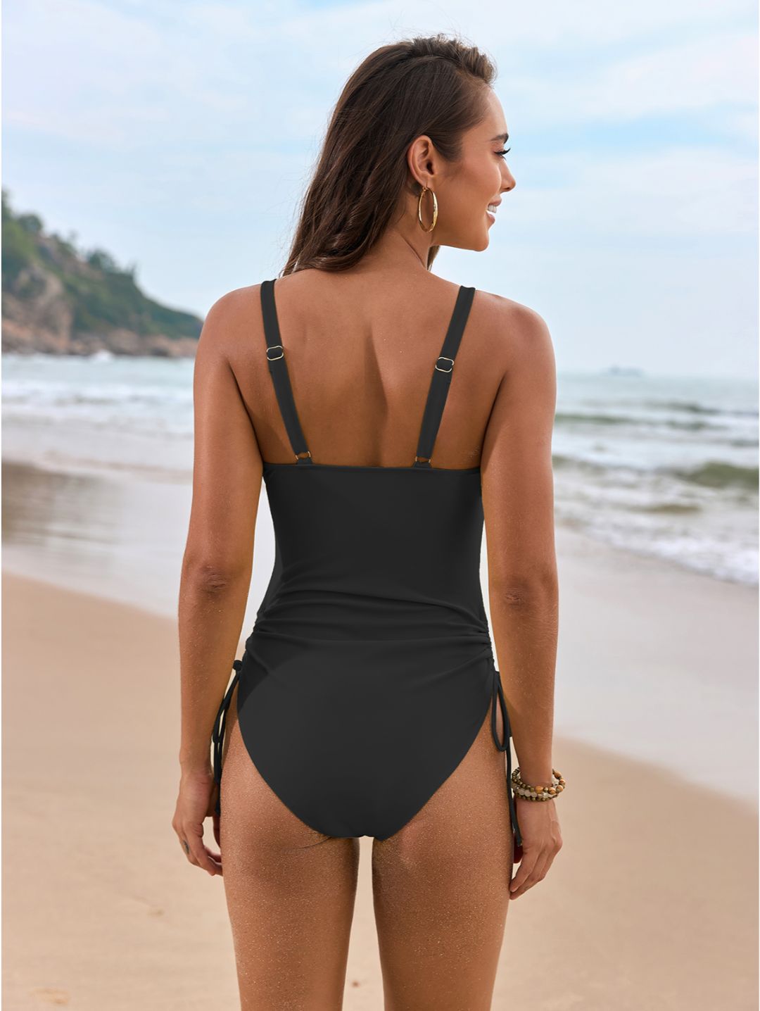Black V-Neck Mesh Panel Ruched Side-Tie One-Piece Swimsuit