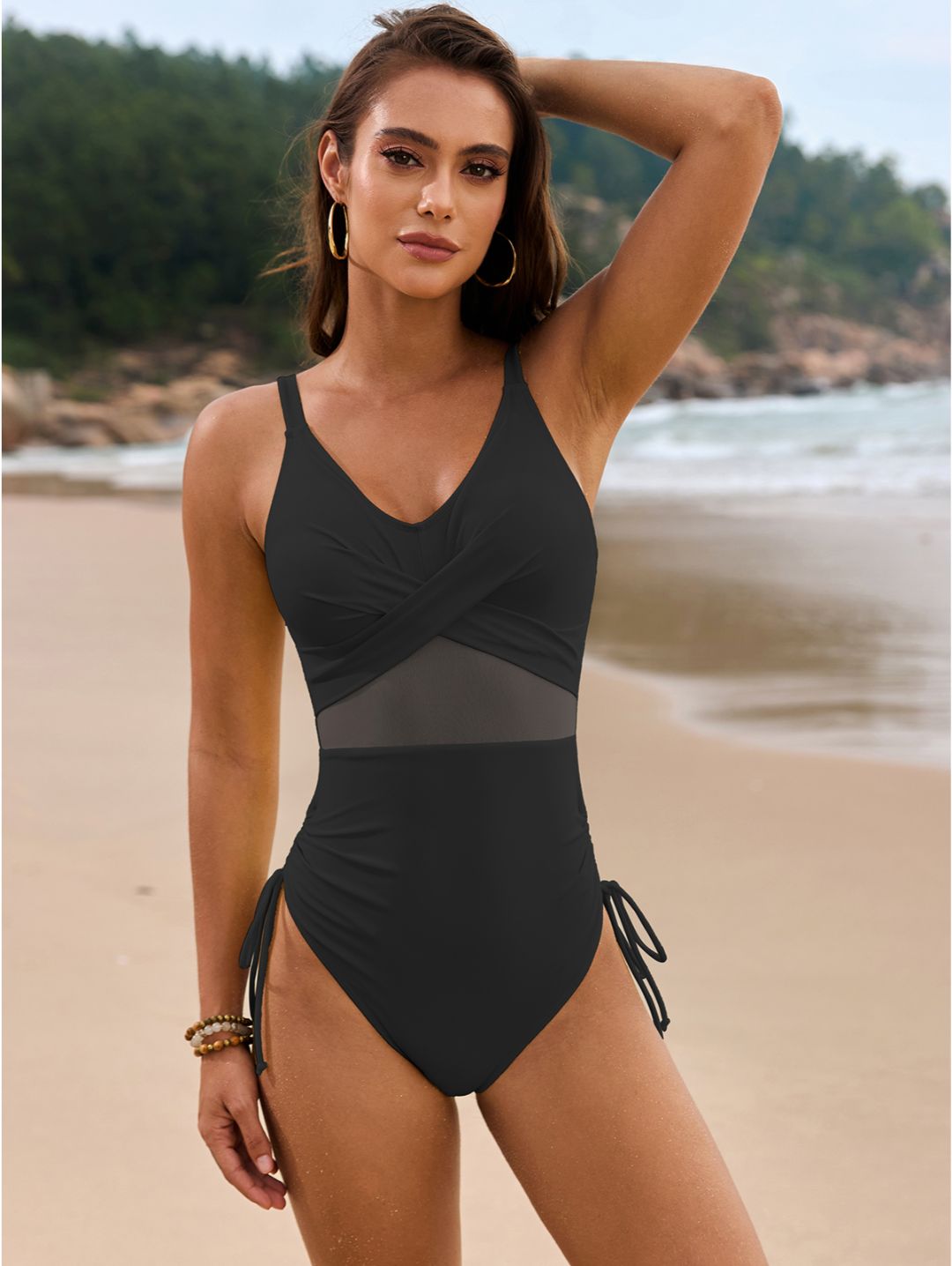 Black V-Neck Mesh Panel Ruched Side-Tie One-Piece Swimsuit