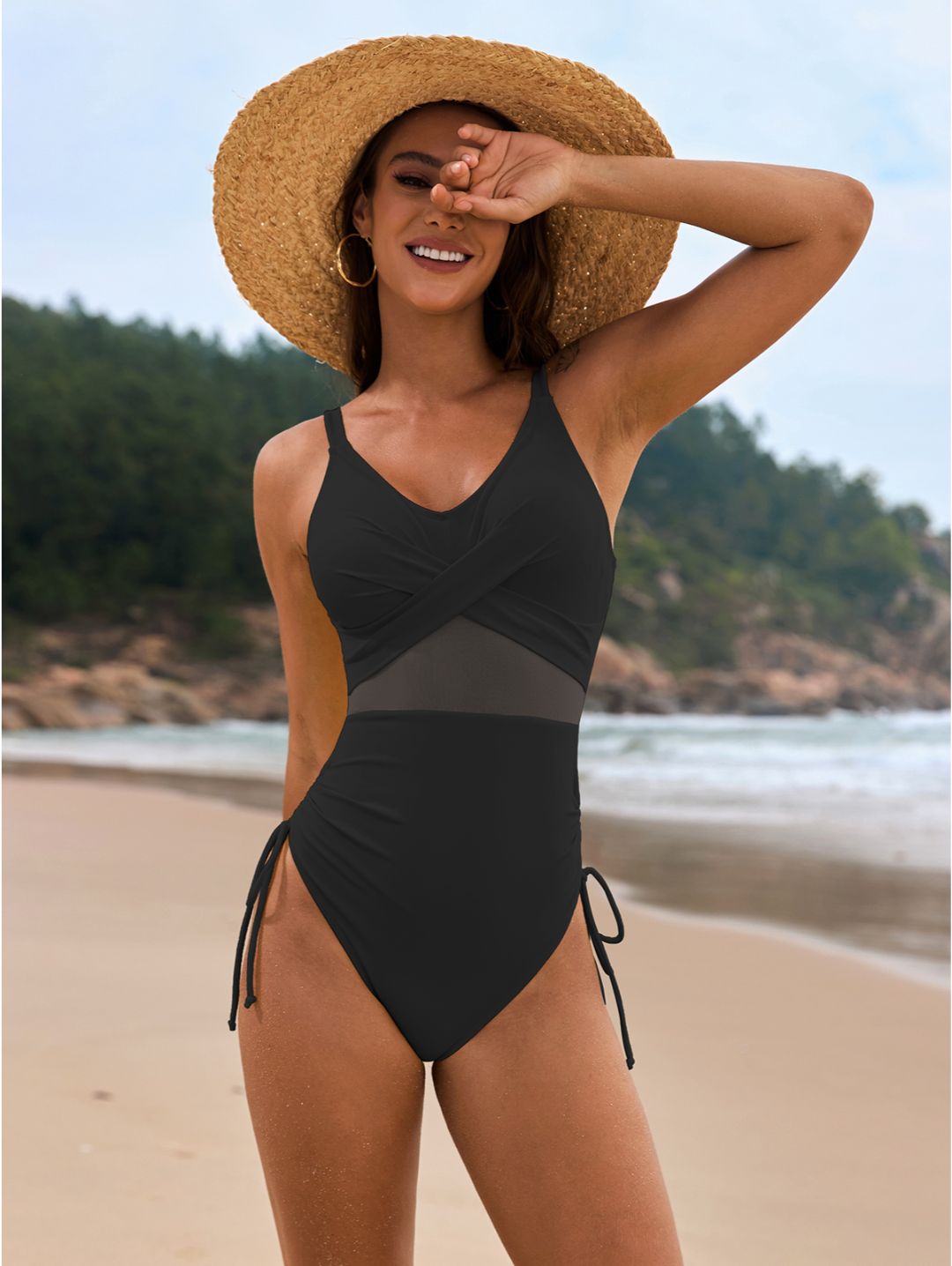 Black V-Neck Mesh Panel Ruched Side-Tie One-Piece Swimsuit