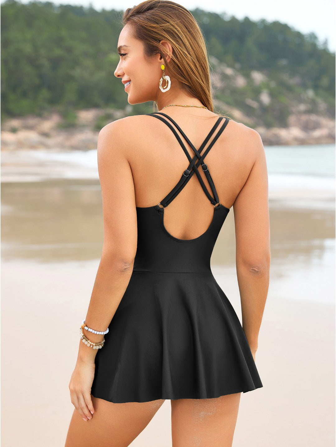 Black V-Neck Swimdress One-Piece Swimsuit