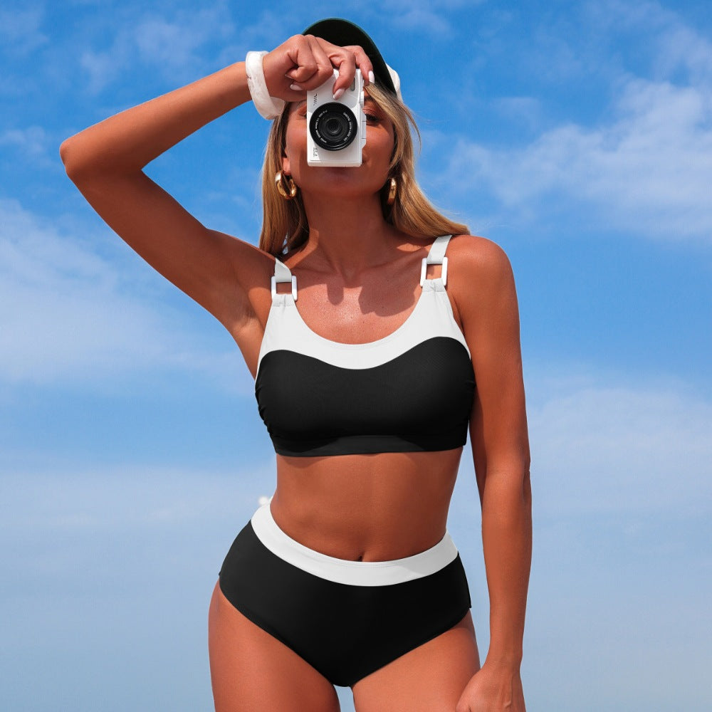 Black White Colorblock High-Waisted Bikini Set