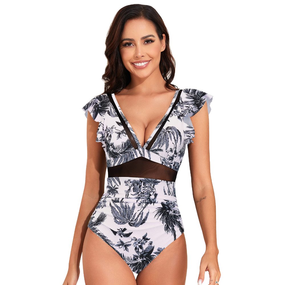Black White Floral Mesh Panel Ruffle Sleeve One-Piece Swimsuit