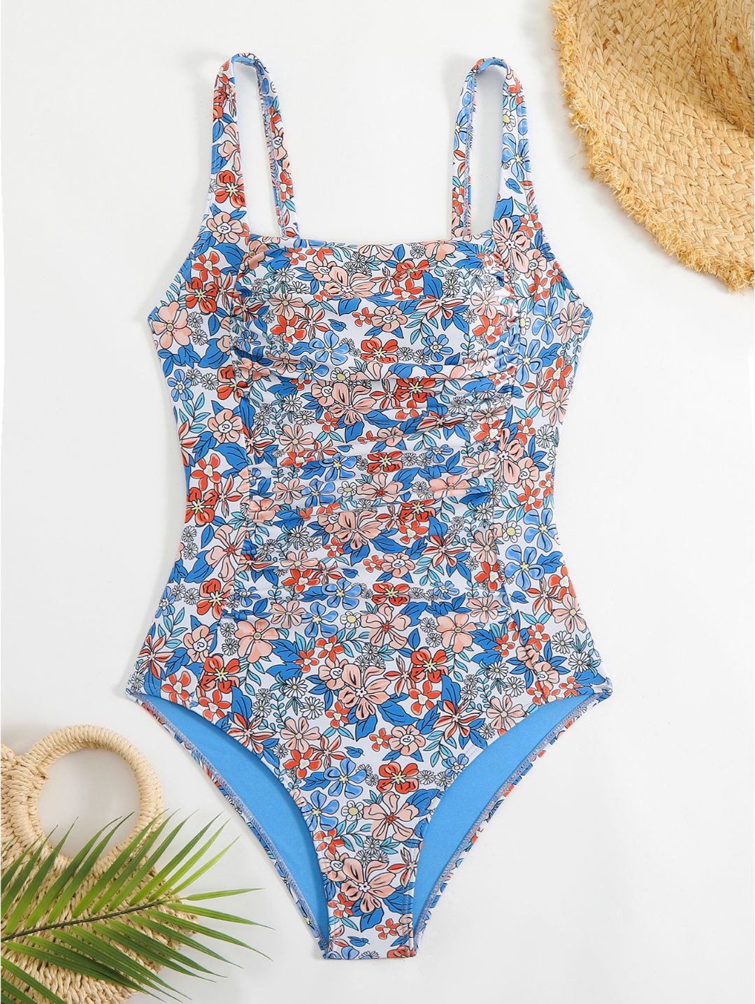 Blue Floral Print Square Neck Ruched One-Piece Swimsuit