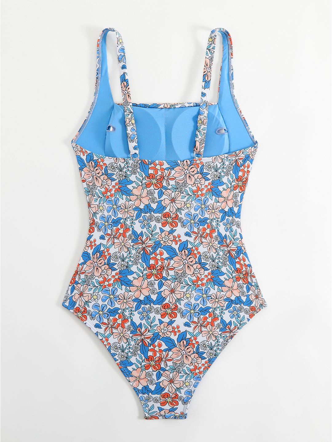 Blue Floral Print Square Neck Ruched One-Piece Swimsuit