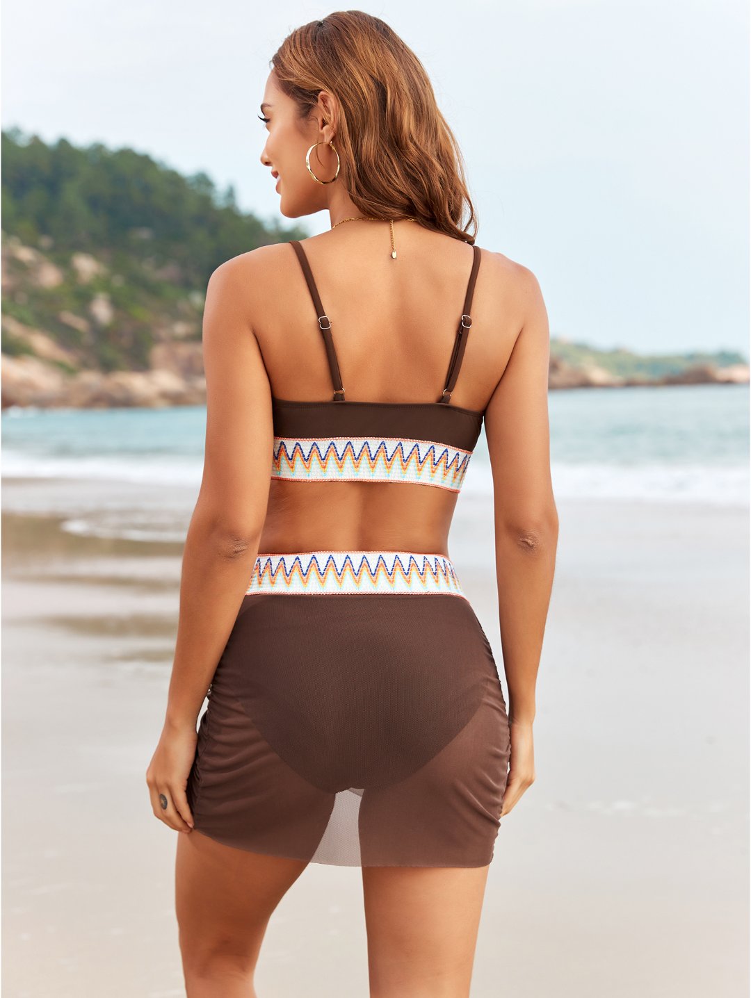 Brown Boho Mesh Skirt Bikini Set