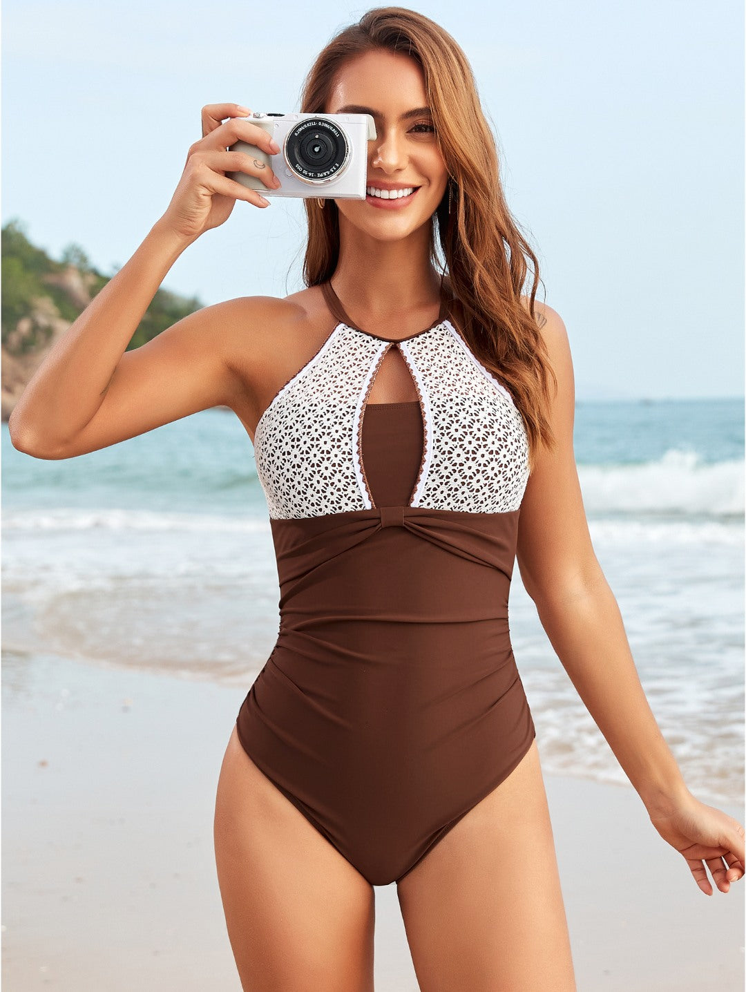 Brown Halter Lace Panel One-Piece Swimsuit
