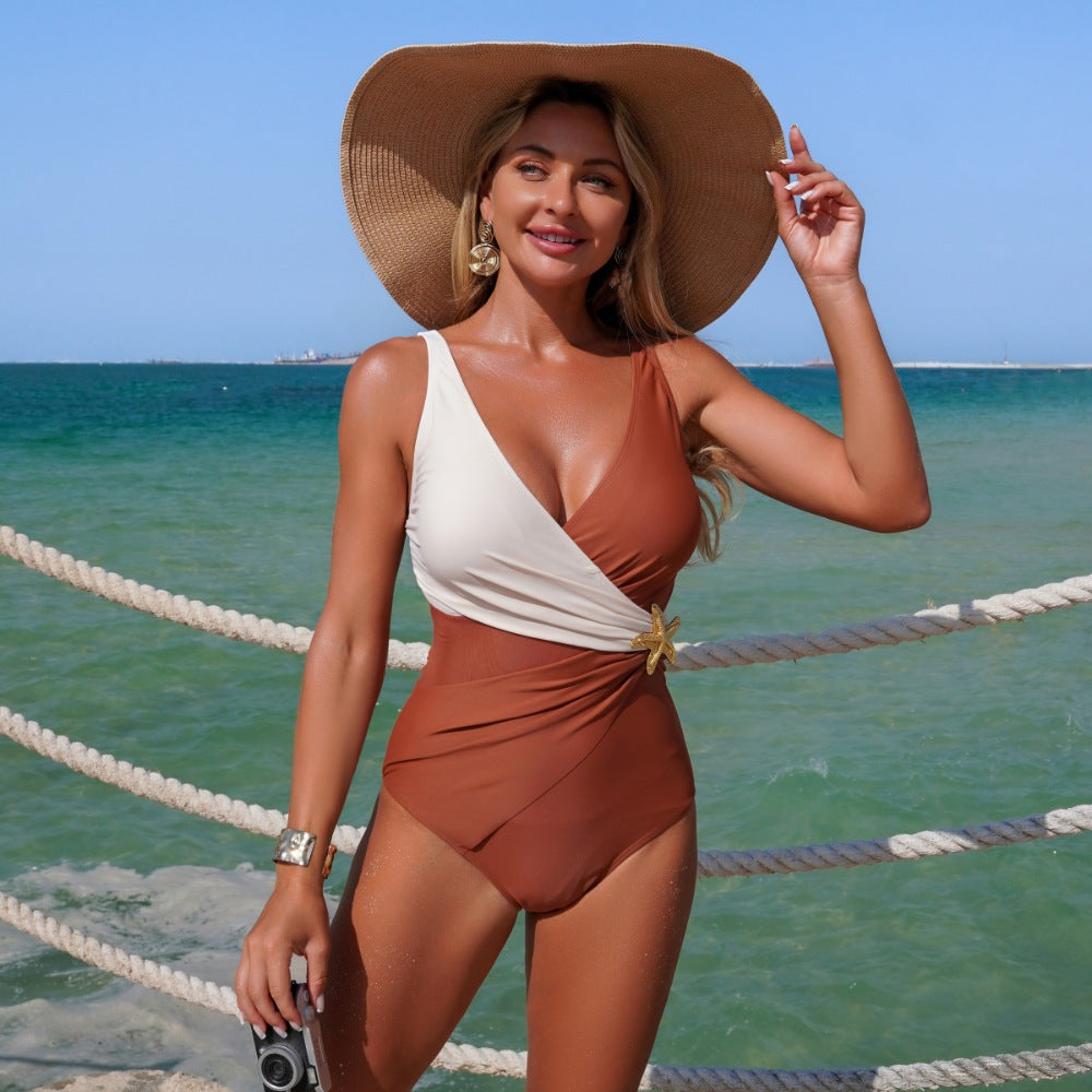 Brown Starfish Accent Wrap One-Piece Swimsuit