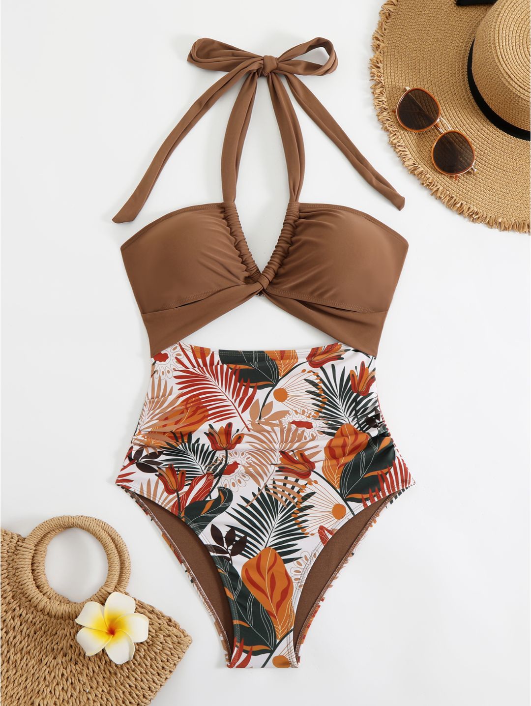 Brown Tropical Print Halter Cutout One-Piece Swimsuit