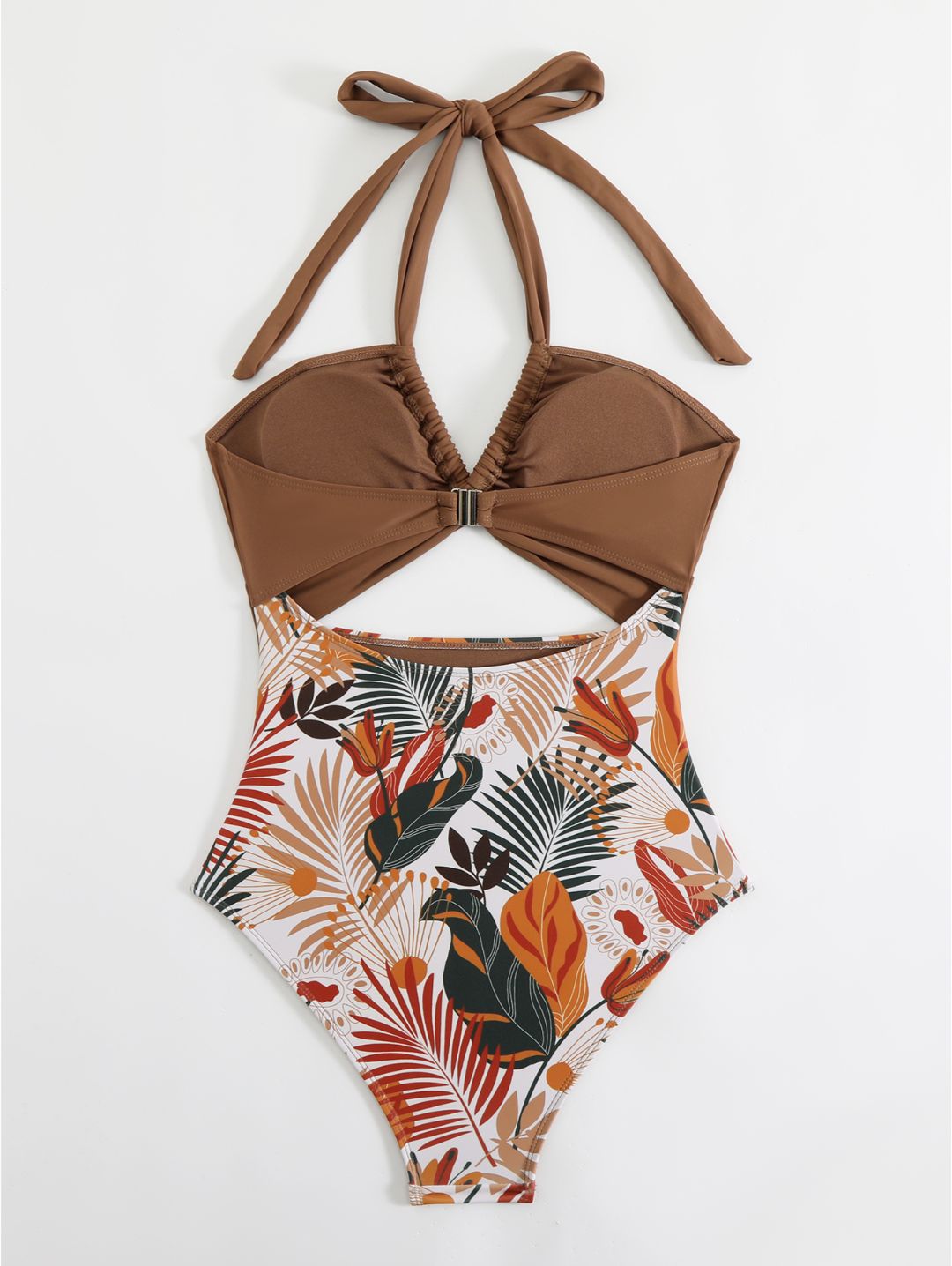 Brown Tropical Print Halter Cutout One-Piece Swimsuit