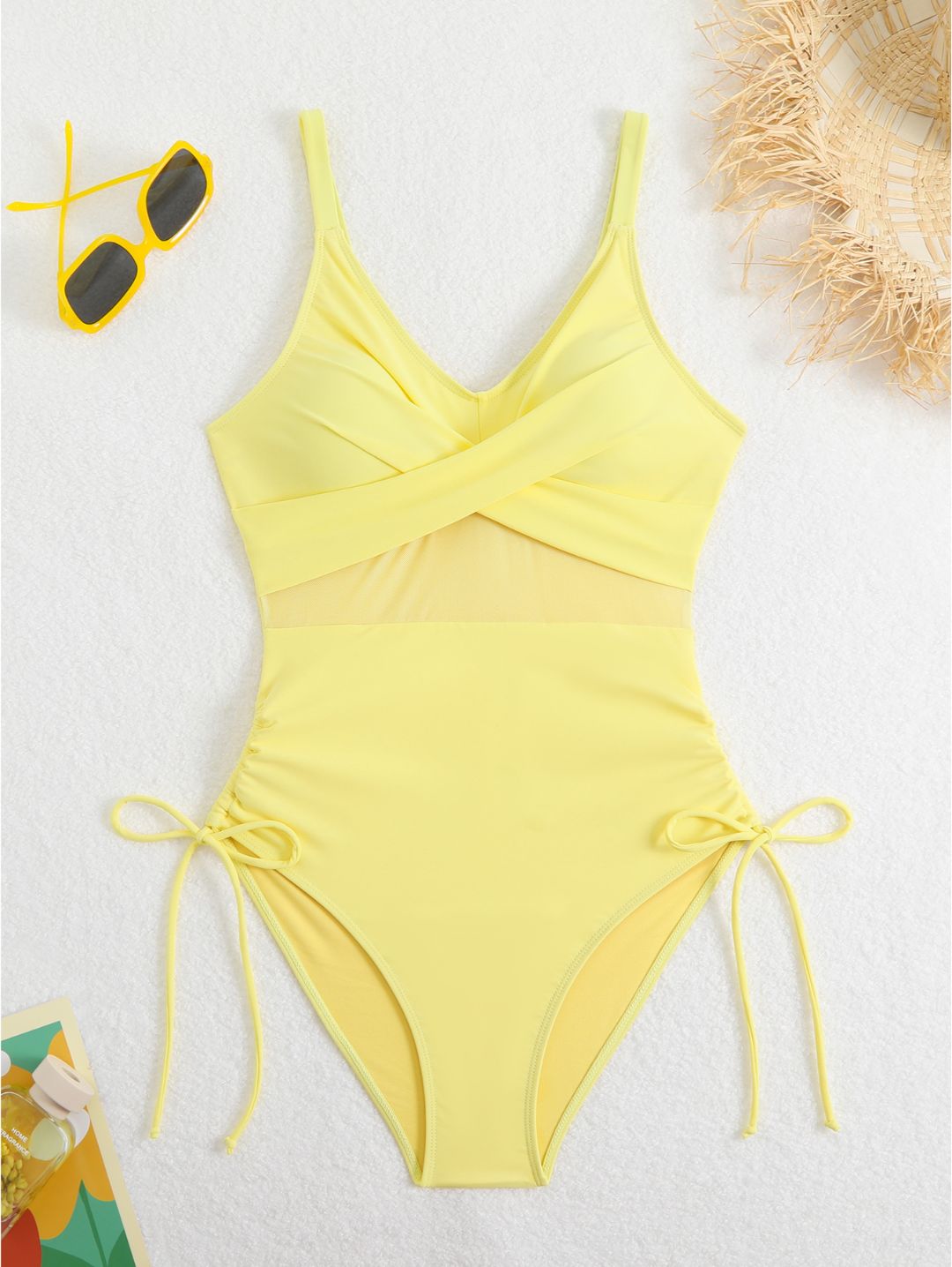 Butter Yellow V-Neck Mesh Panel Ruched Side-Tie One-Piece Swimsuit