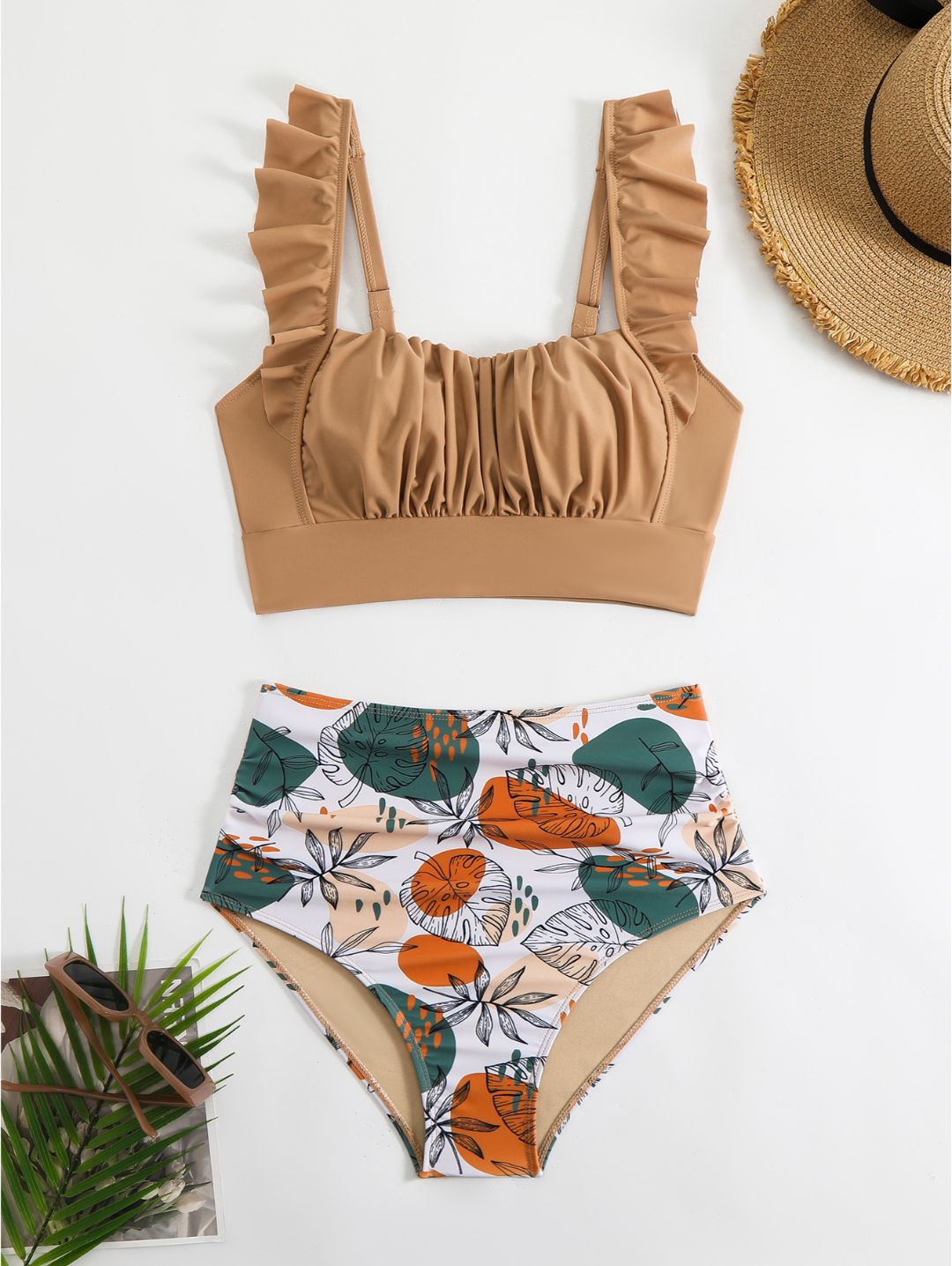 Camel Floral Ruffle Shoulder High Waisted Bikini Set