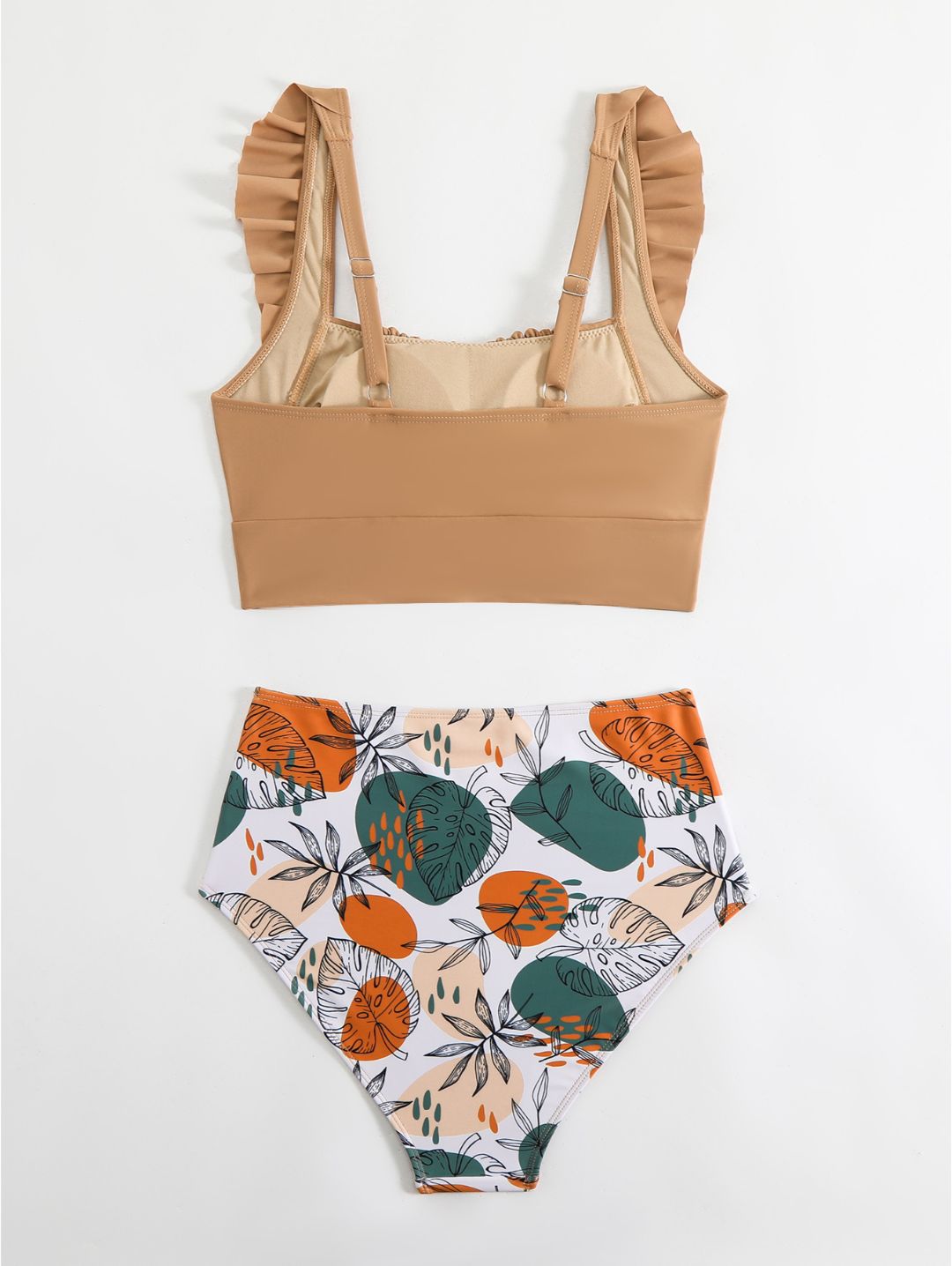 Camel Floral Ruffle Shoulder High Waisted Bikini Set