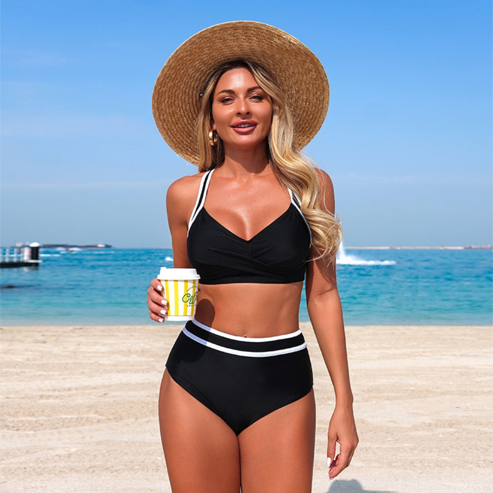 Black Contrast Trim High Waisted Bikini Set
