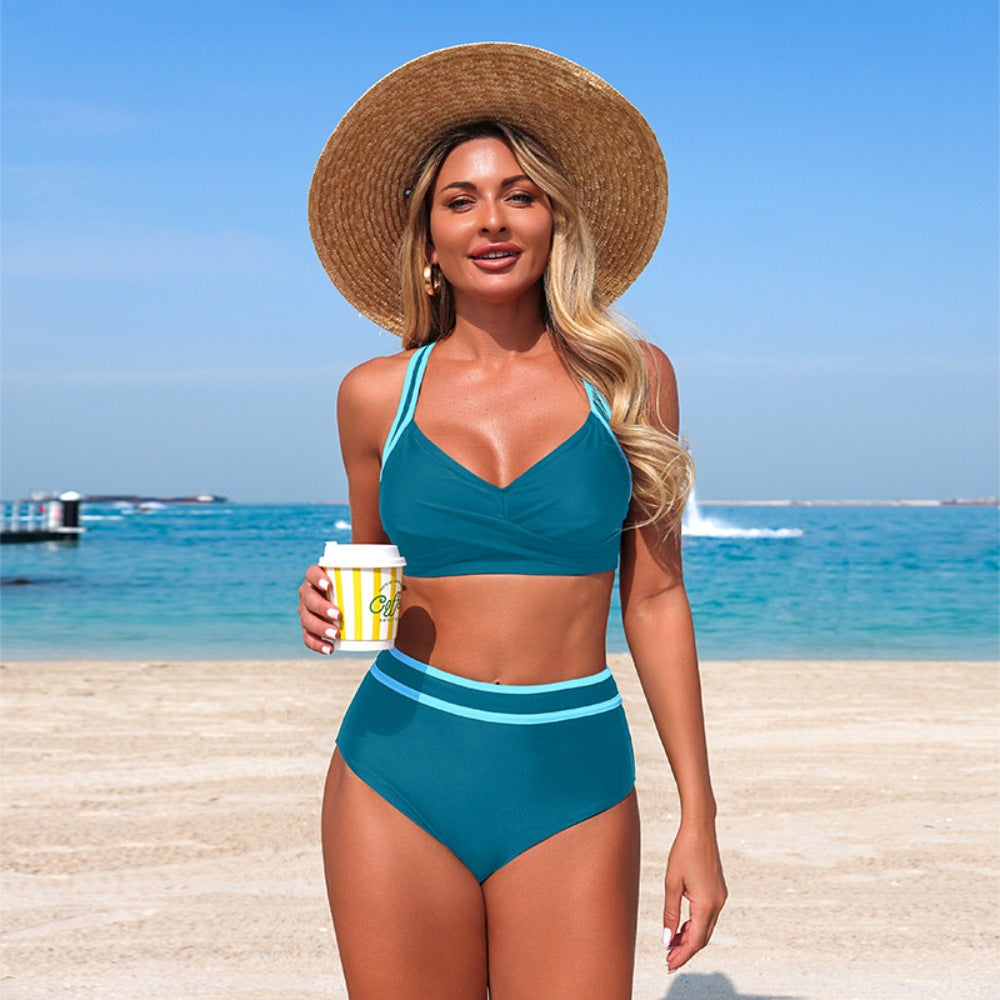 Teal Contrast Trim High Waisted Bikini Set