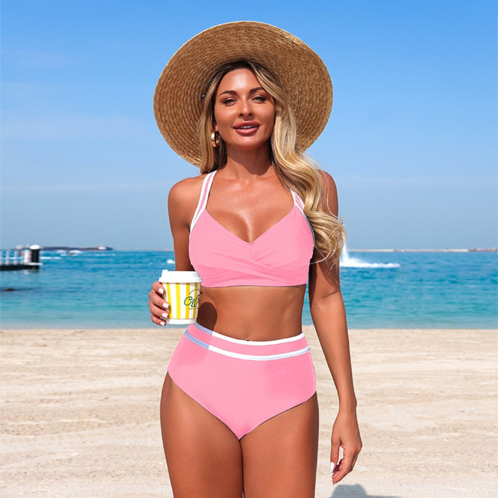 Pink Contrast Trim High Waisted Bikini Set