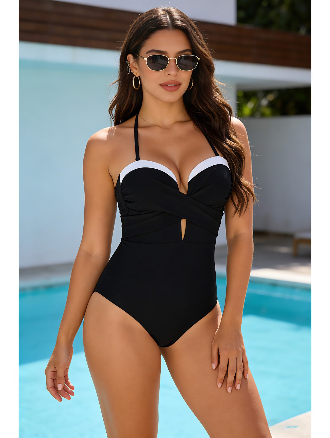 Contrast Trim Twist Front Halter One-Piece Swimsuit