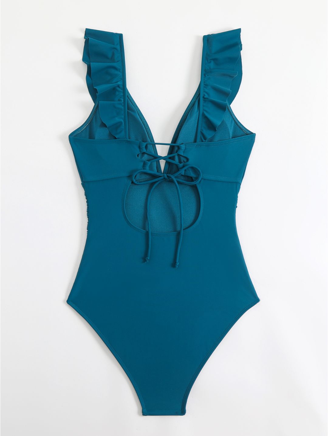 Deep Teal Ruffle V-Neck Belted One-Piece Swimsuit