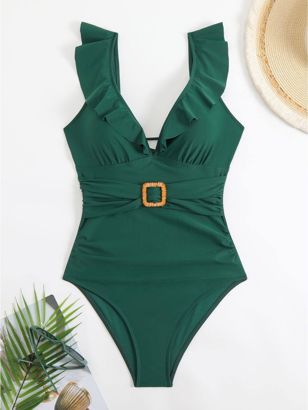 Emerald Green Ruffle V-Neck Belted One-Piece Swimsuit