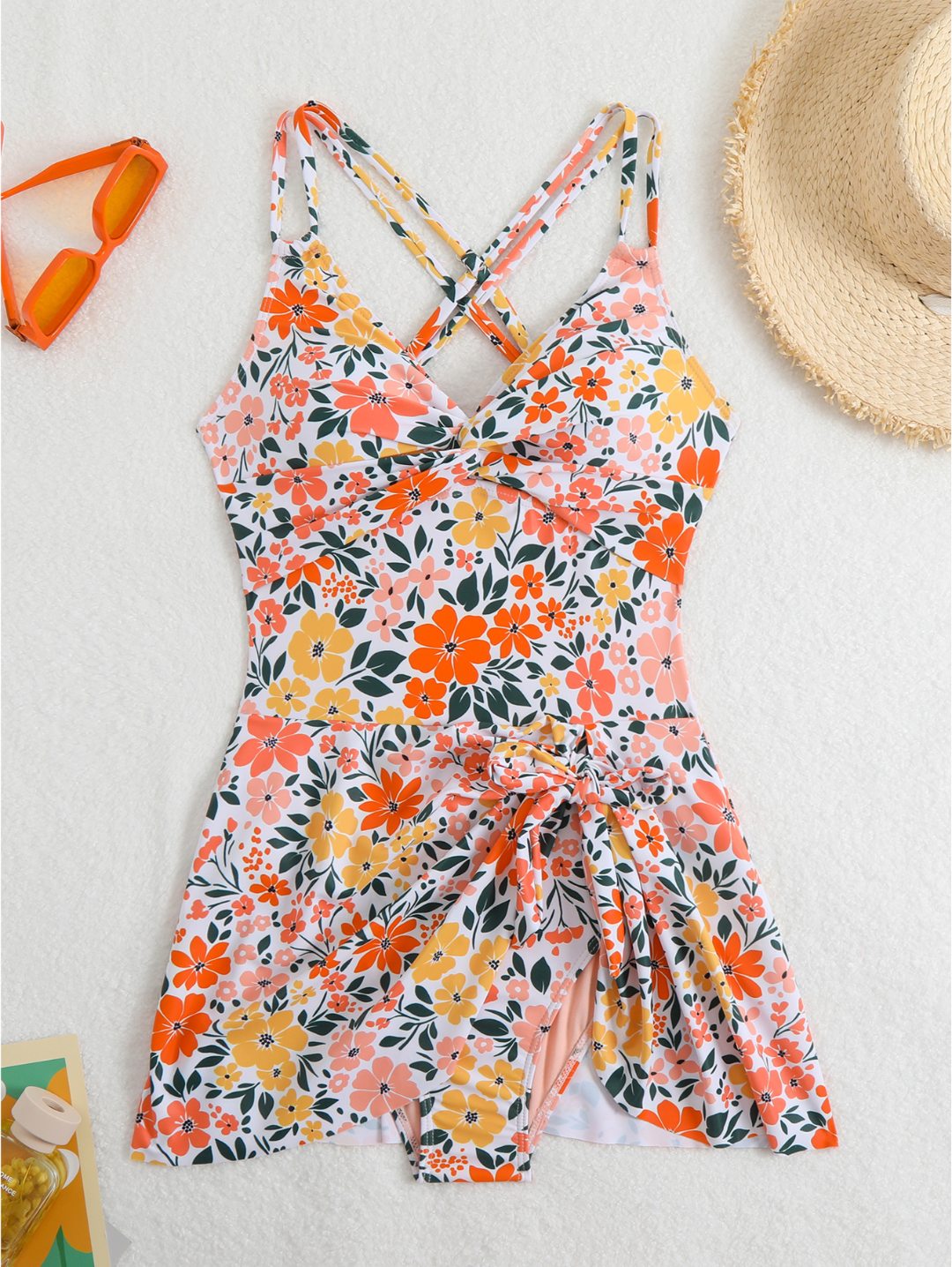 Floral Orange Twist Front Cross-Back Swimdress One-Piece