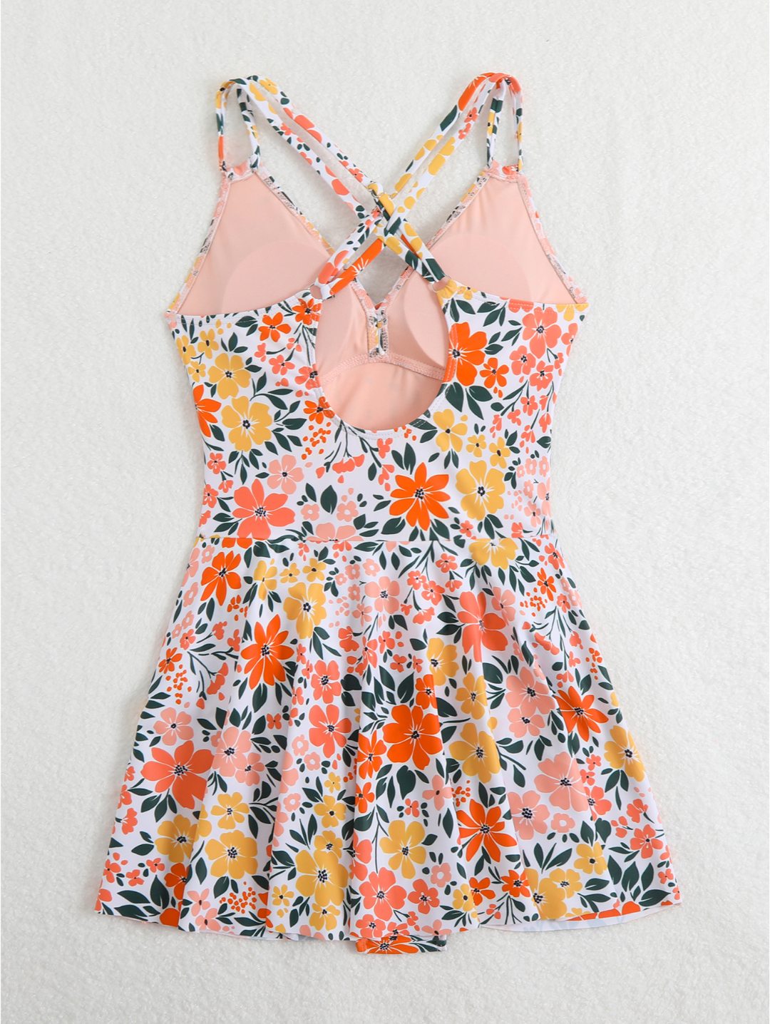 Floral Orange Twist Front Cross-Back Swimdress One-Piece