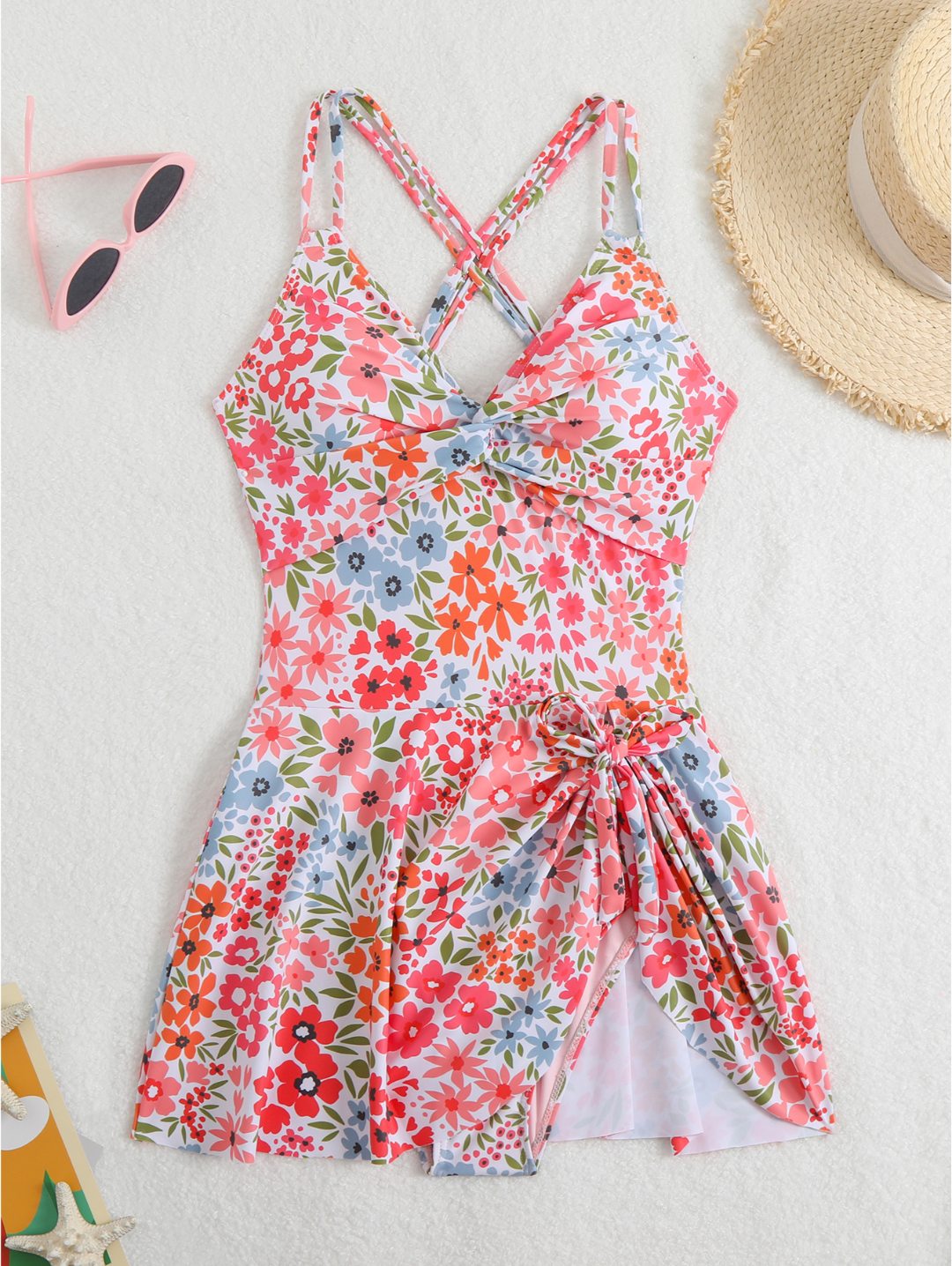 Floral Pink Twist Front Cross-Back Swimdress One-Piece