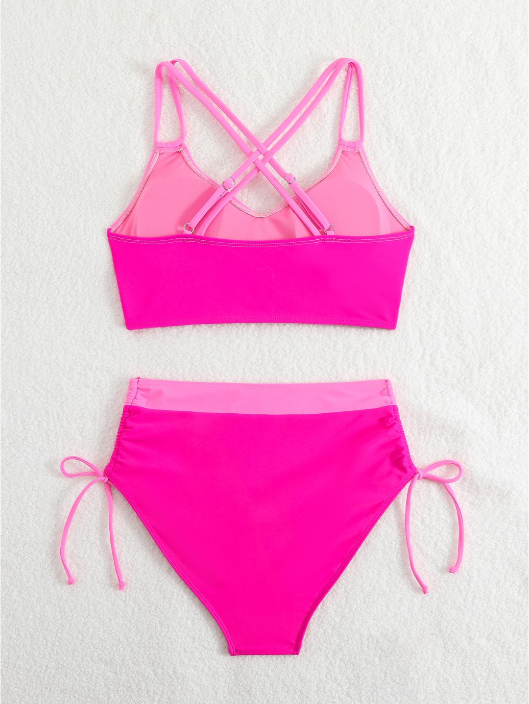 Hot Pink Colorblock High-Waisted with Side Tie Bottom Bikini Set