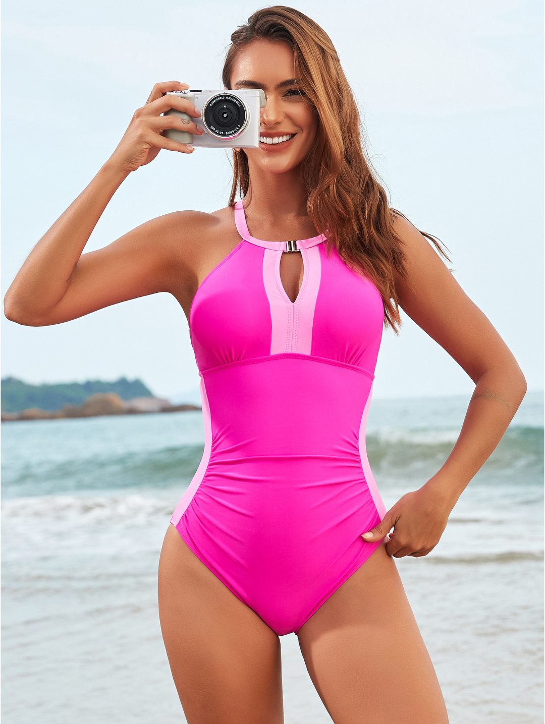 Hot Pink Contrast Trim Keyhole One-Piece Swimsuit