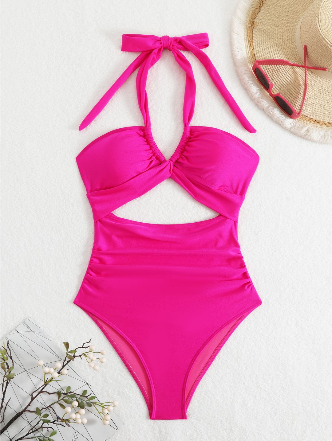 Hot Pink Halter Cutout One-Piece Swimsuit