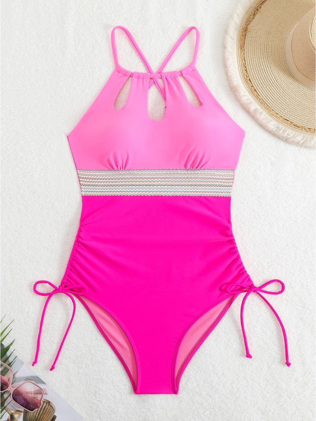 Hot Pink Halter Keyhole Ruched One-Piece Swimsuit