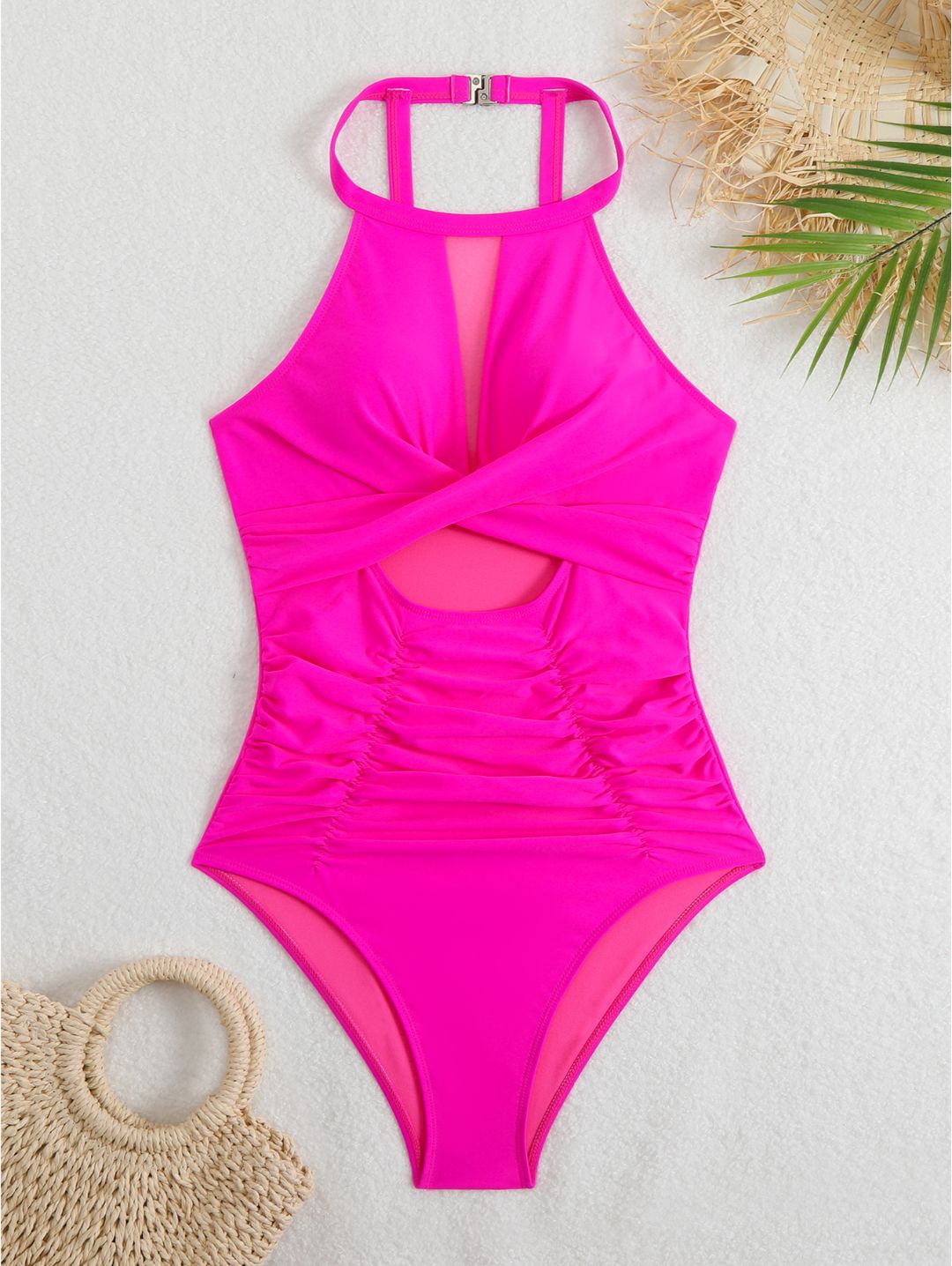 Hot Pink High Neck Mesh Cutout Ruched One-Piece Swimsuit