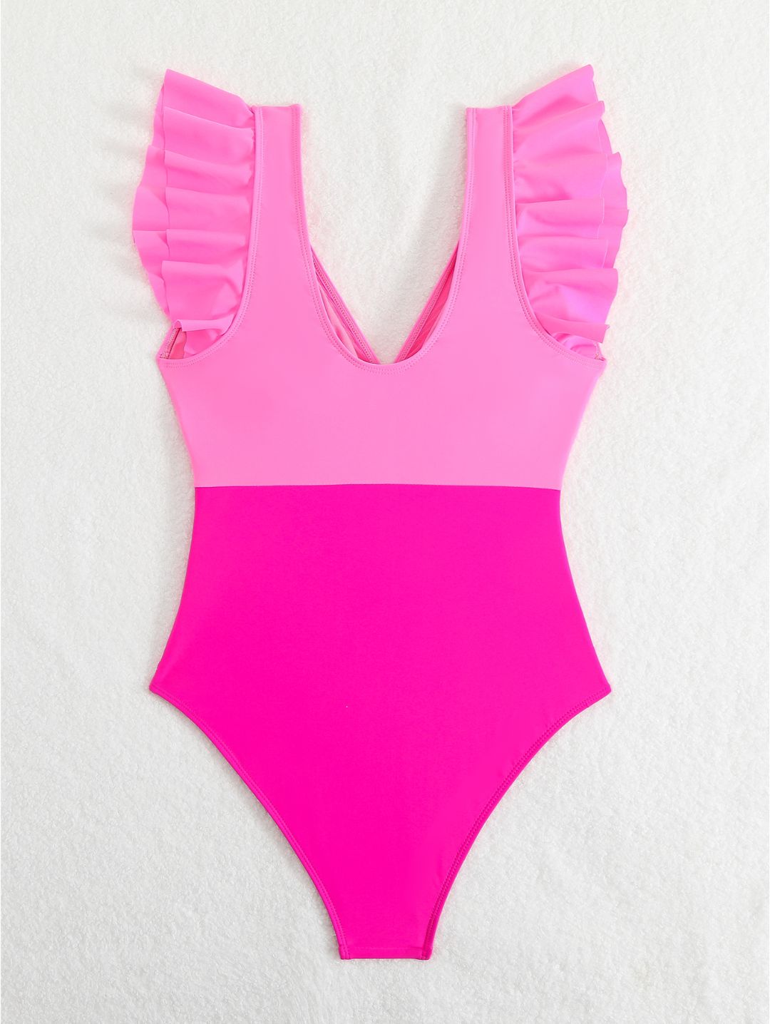 Hot Pink Ruffle Sleeve Colorblock One-Piece Swimsuit
