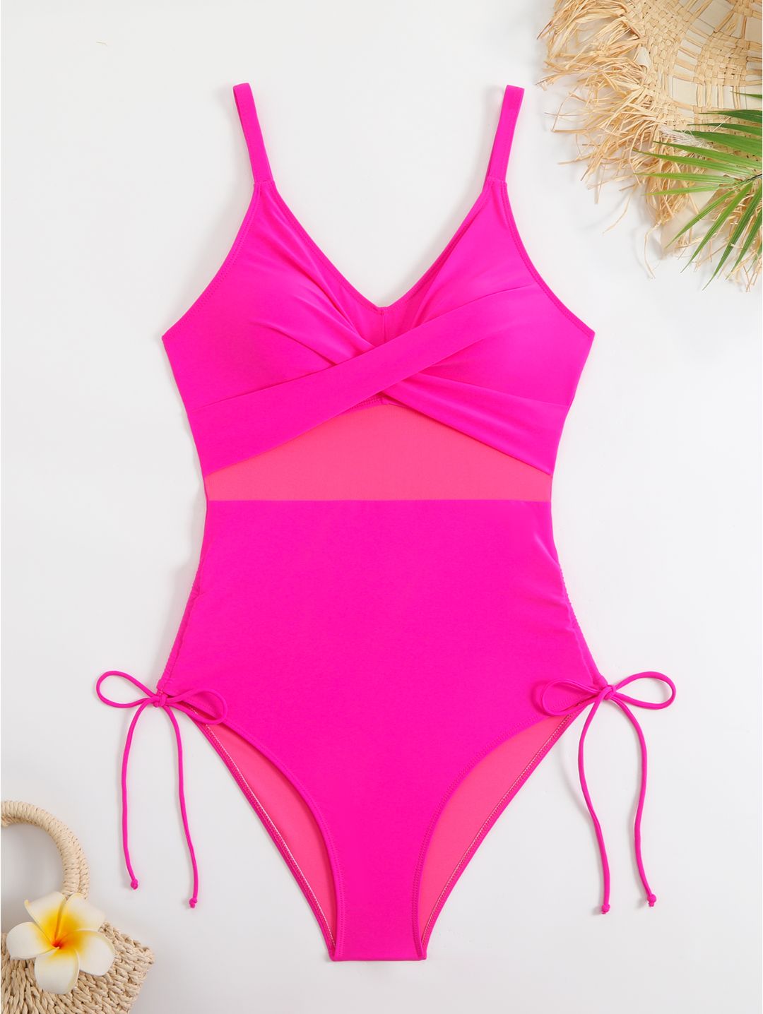 Hot Pink V-Neck Mesh Panel Ruched Side-Tie One-Piece Swimsuit