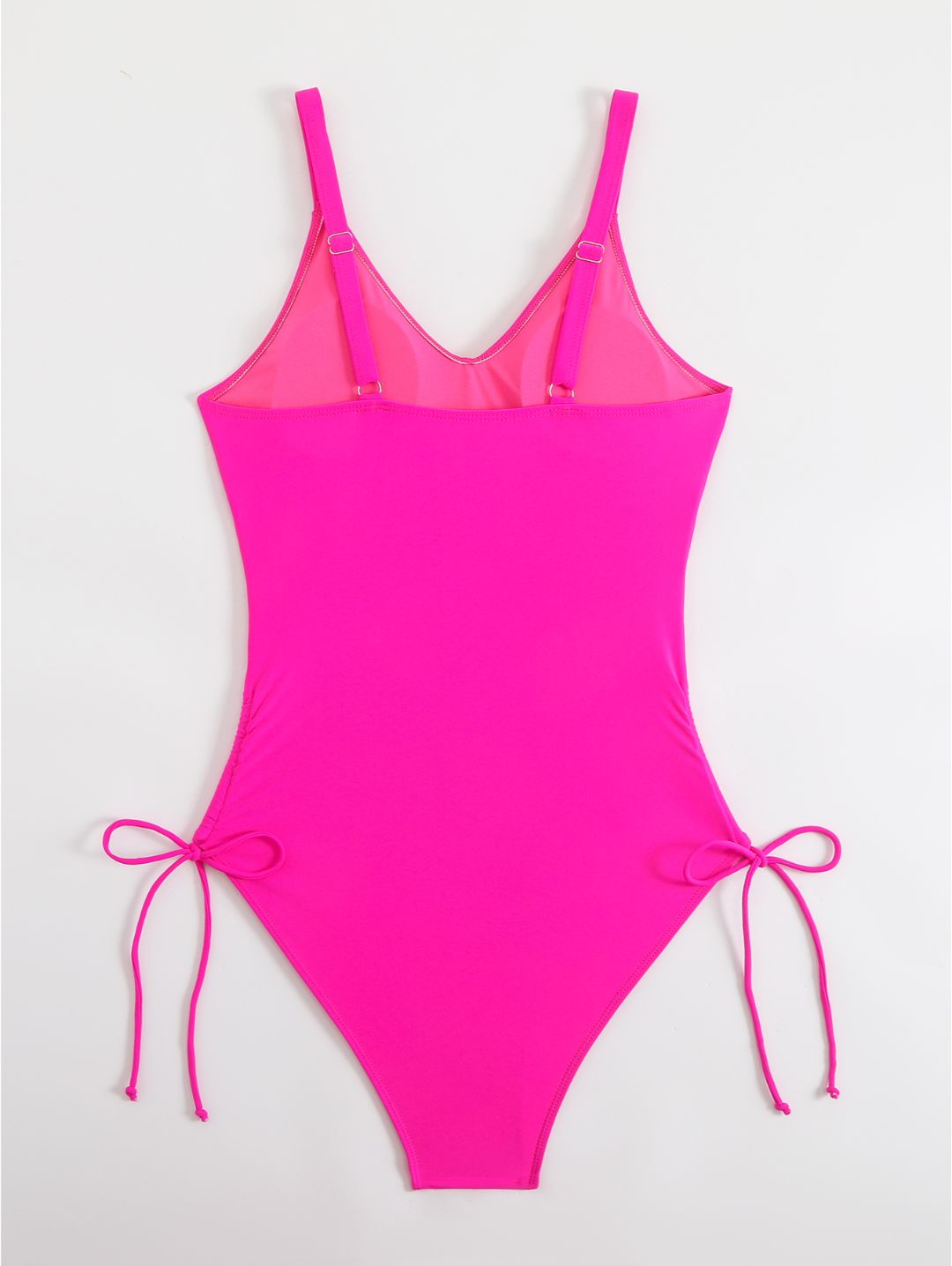 Hot Pink V-Neck Mesh Panel Ruched Side-Tie One-Piece Swimsuit