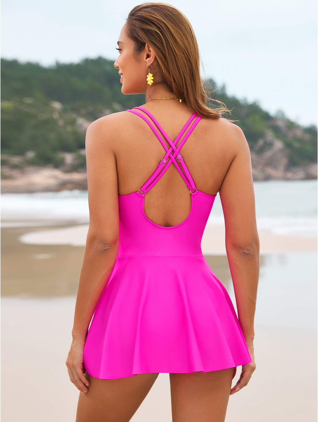 Hot Pink V-Neck Swimdress One-Piece Swimsuit