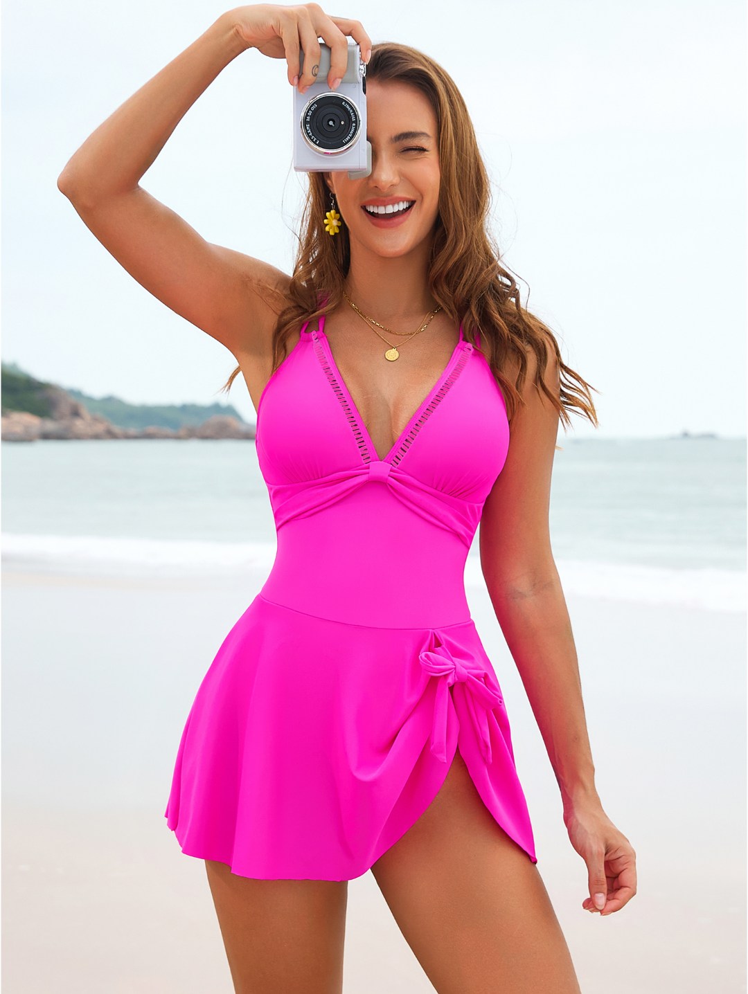 Hot Pink V-Neck Swimdress One-Piece Swimsuit