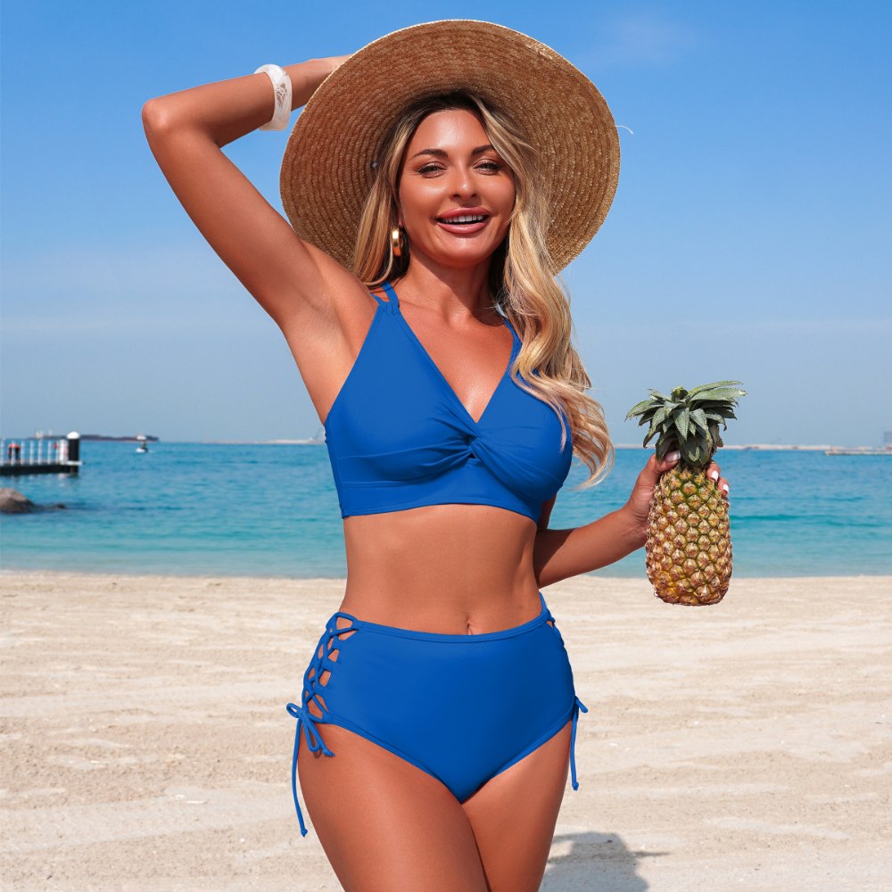 Royal Blue Lace-Up Twist High Waisted Bikini Set