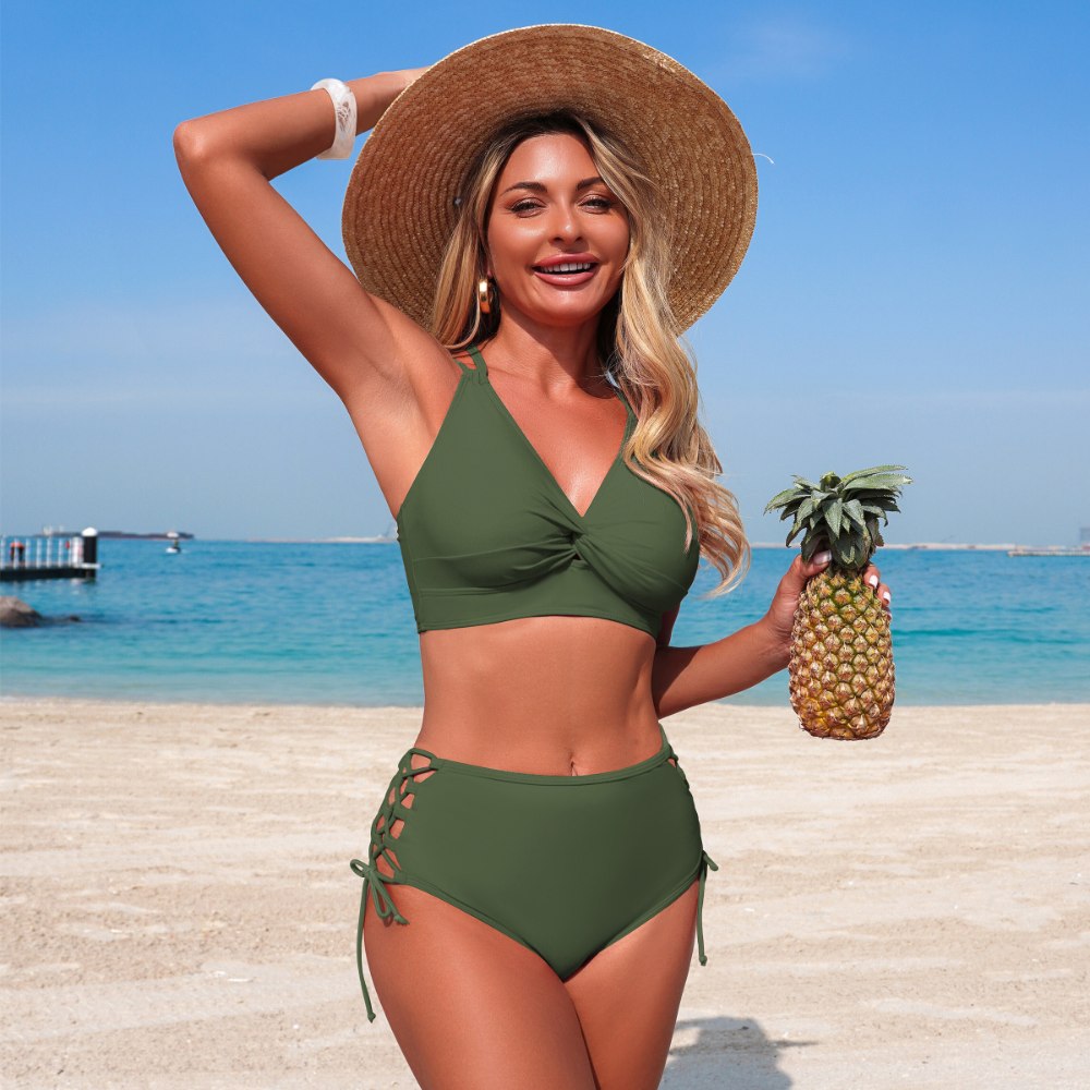 Olive Green Lace-Up Twist High Waisted Bikini Set
