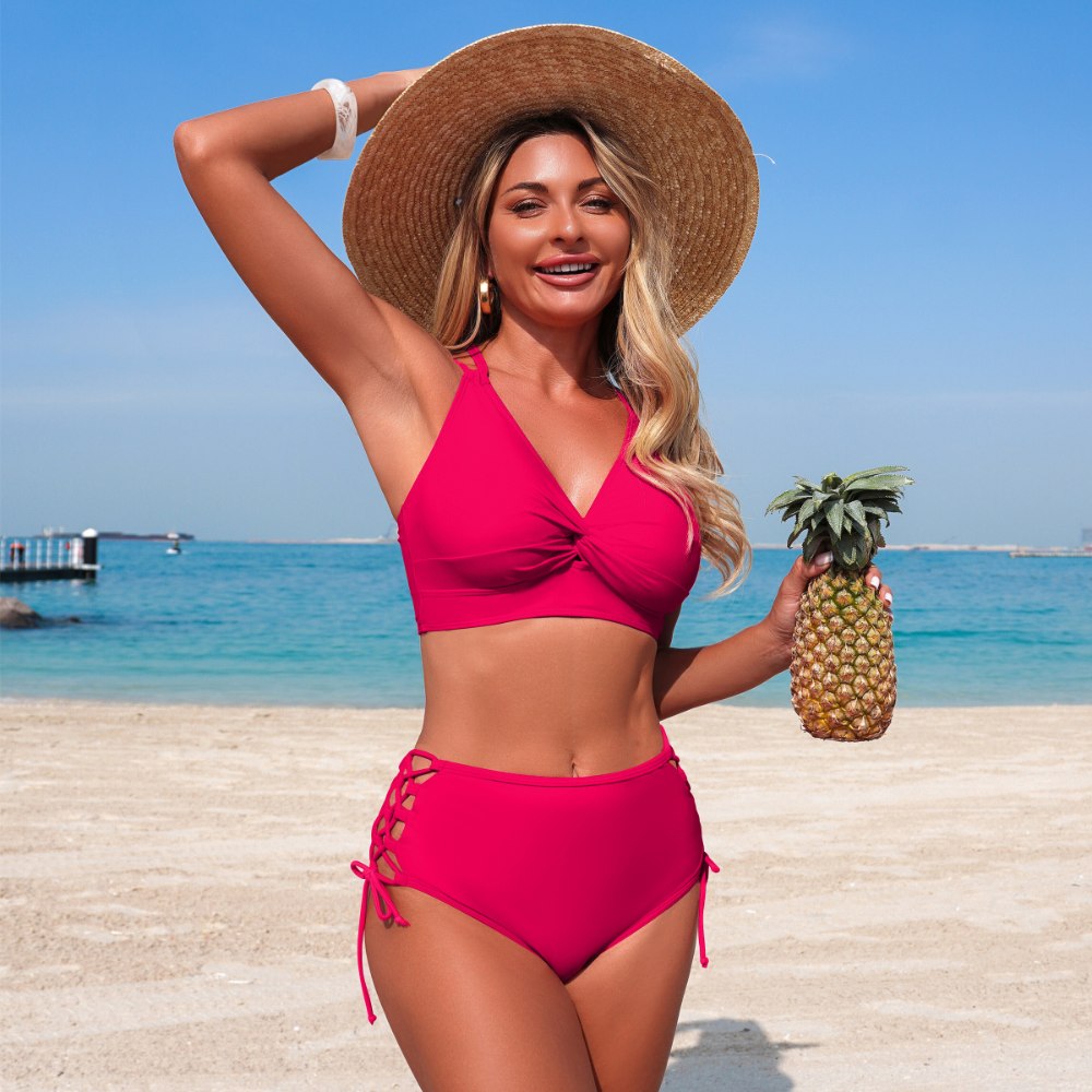 Hot Pink Lace-Up Twist High Waisted Bikini Set