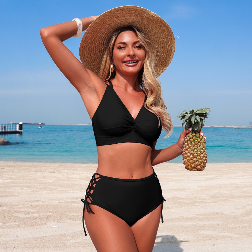 Black Lace-Up Twist High Waisted Bikini Set