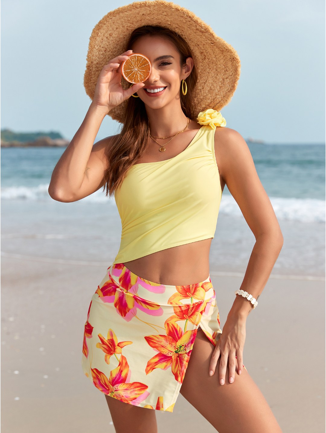Lemon Floral One-Shoulder Floral Skirt Bikini Set