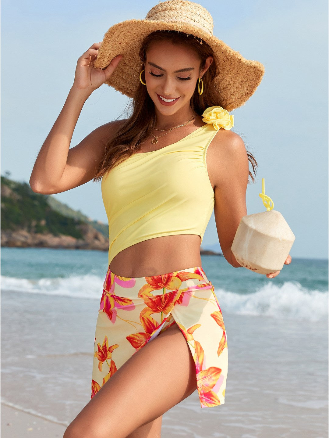 Lemon Floral One-Shoulder Floral Skirt Bikini Set