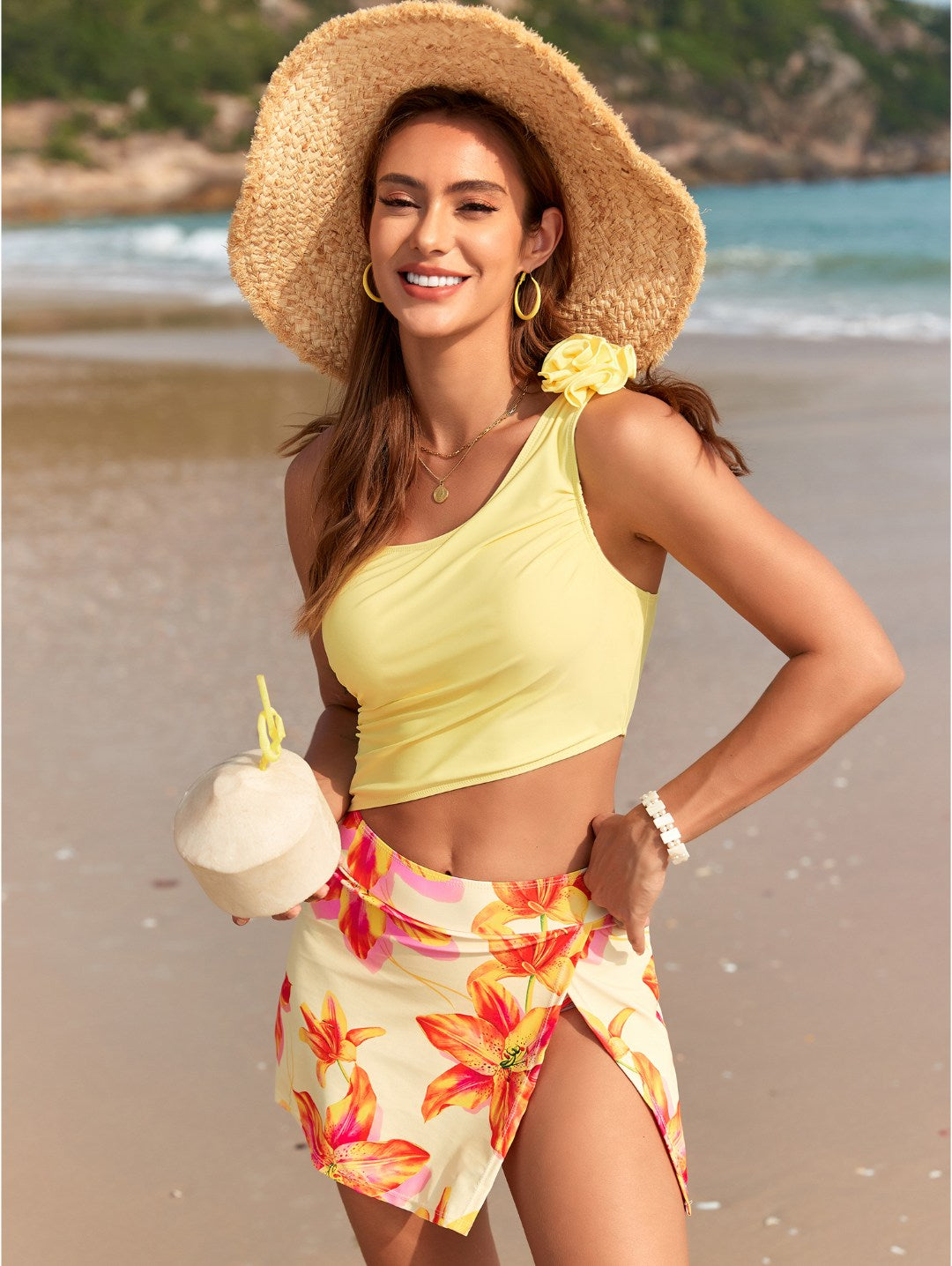 Lemon Floral One-Shoulder Floral Skirt Bikini Set