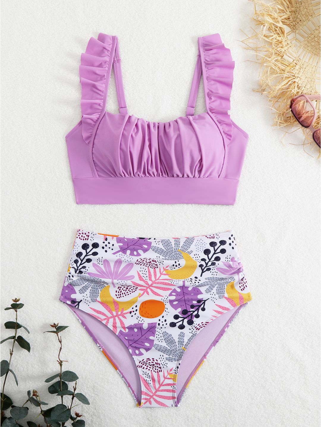 Light Pink Floral Ruffle Shoulder High Waisted Bikini Set