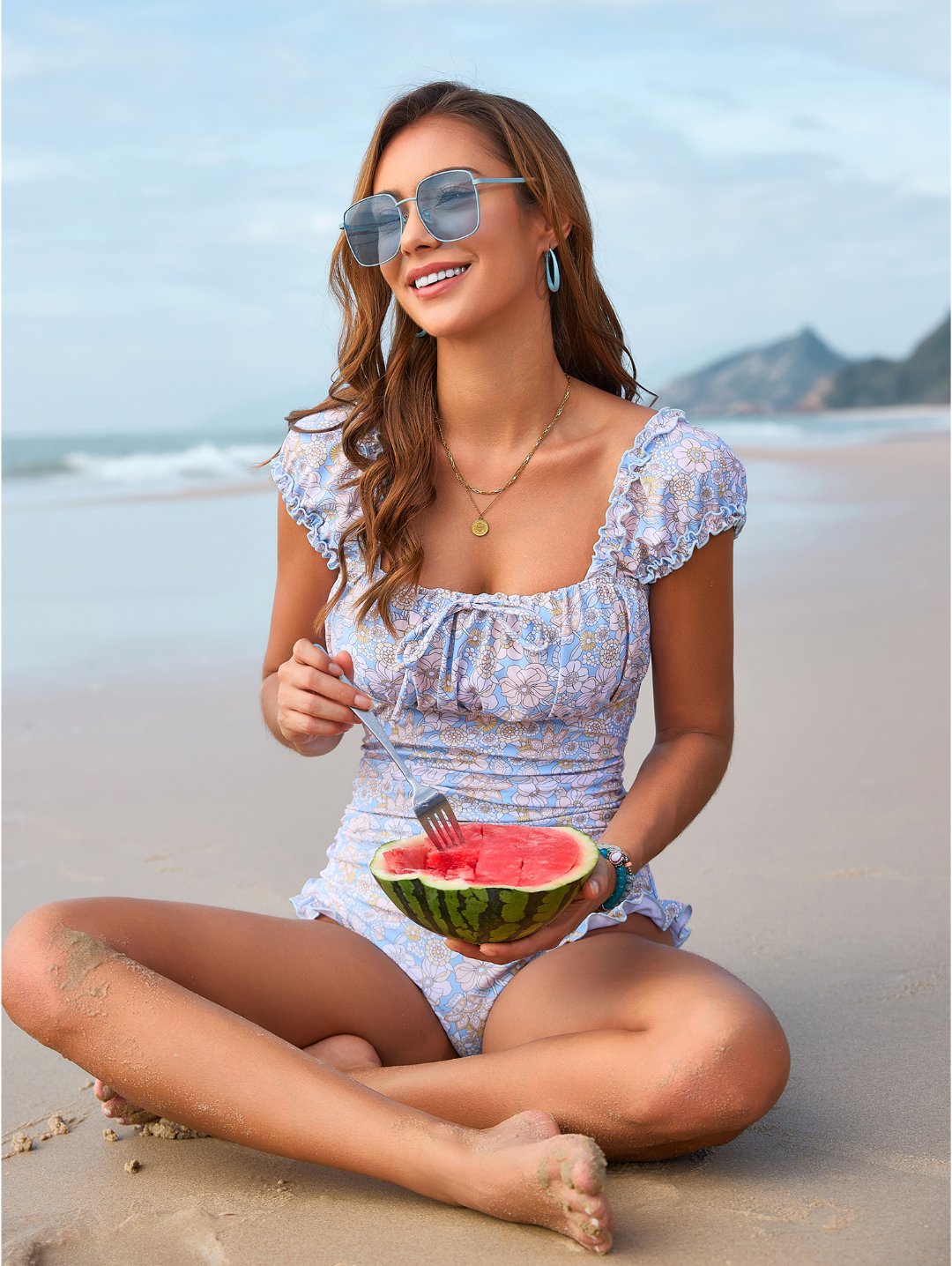 Light Purple Floral Ruffle Sleeve One Piece Swimsuit