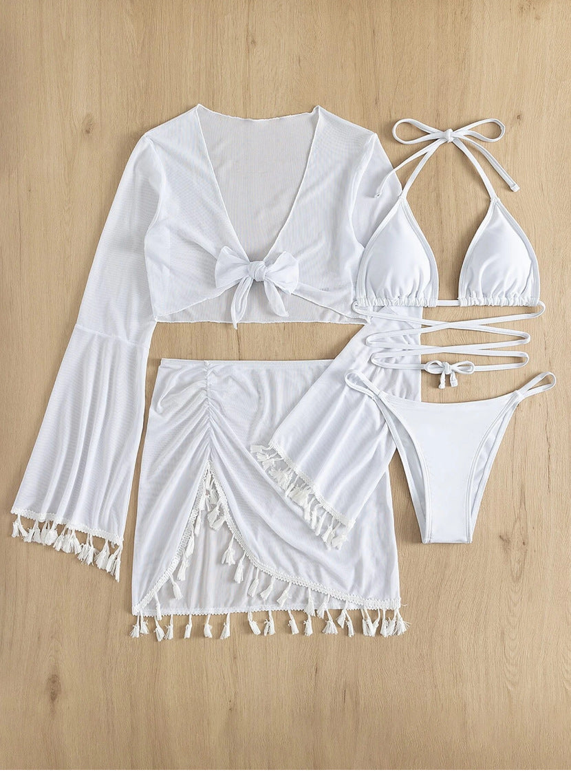 The White Tulum Tassel Mesh 4-Piece Swim Set