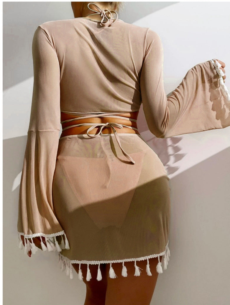 The Khaki Tulum Tassel Mesh 4-Piece Swim Set