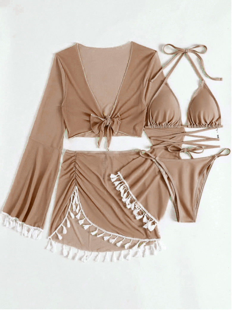 The Khaki Tulum Tassel Mesh 4-Piece Swim Set