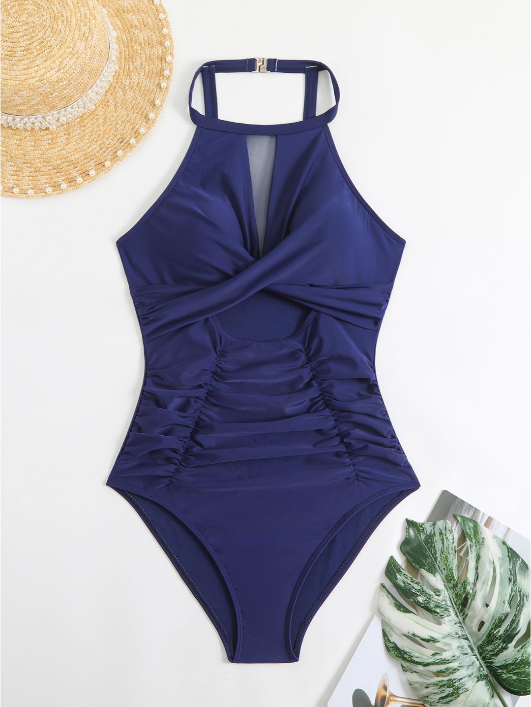 Navy Blue High Neck Mesh Cutout Ruched One-Piece Swimsuit