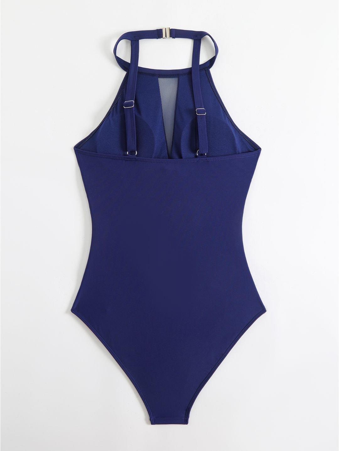 Navy Blue High Neck Mesh Cutout Ruched One-Piece Swimsuit